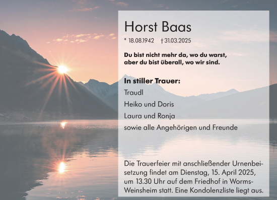 Traueranzeige von Horst Baas von Wormser Zeitung