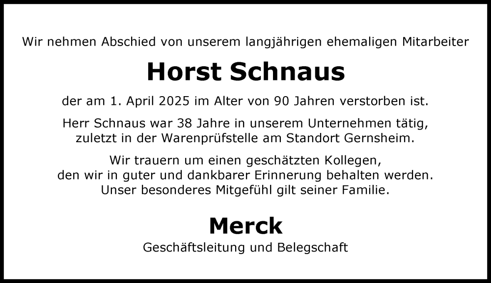  Traueranzeige für Horst Schnaus vom 09.04.2025 aus Groß-Gerauer Echo