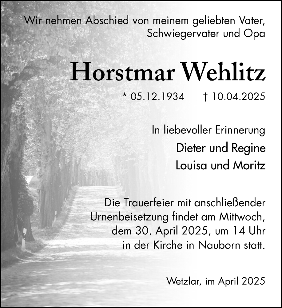  Traueranzeige für Horstmar Wehlitz vom 26.04.2025 aus Wetzlarer Neue Zeitung