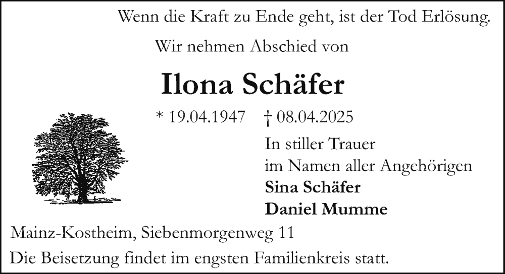  Traueranzeige für Ilona Schäfer vom 12.04.2025 aus Allgemeine Zeitung Mainz