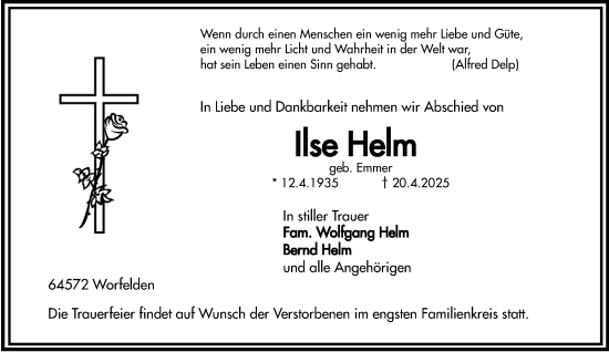 Traueranzeige von Ilse Helm von Groß-Gerauer Echo