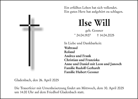 Traueranzeige von Ilse Will von Hinterländer Anzeiger