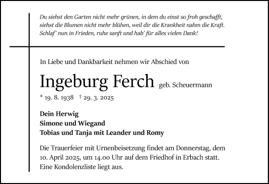 Traueranzeige von Ingeburg Ferch von Odenwälder Echo