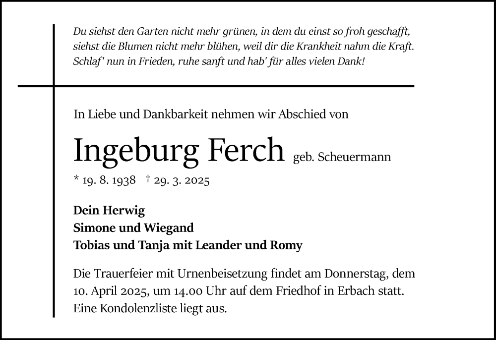  Traueranzeige für Ingeburg Ferch vom 05.04.2025 aus Odenwälder Echo