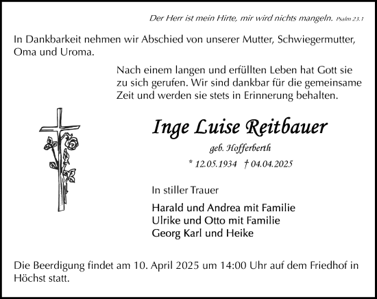 Traueranzeige von Inge Luise Reitbauer von Odenwälder Echo