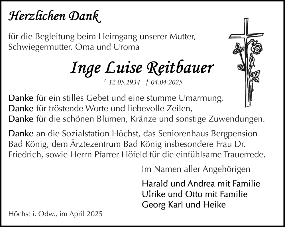  Traueranzeige für Inge Luise Reitbauer vom 26.04.2025 aus Odenwälder Echo