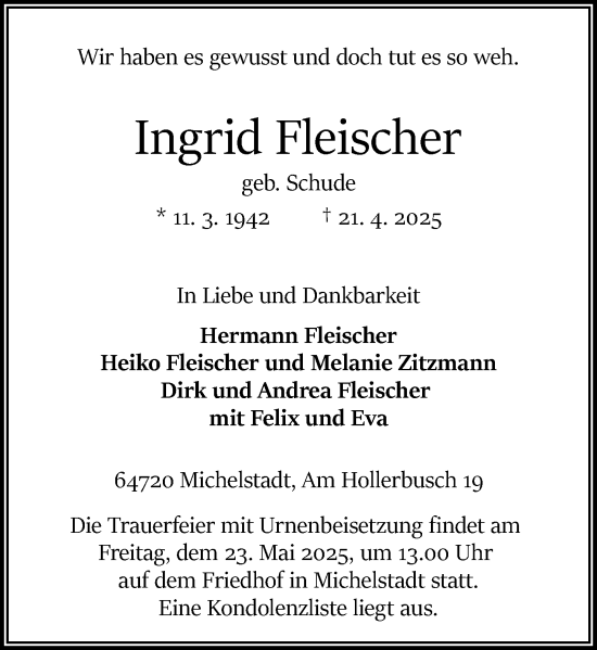 Traueranzeige von Ingrid Fleischer von Odenwälder Echo