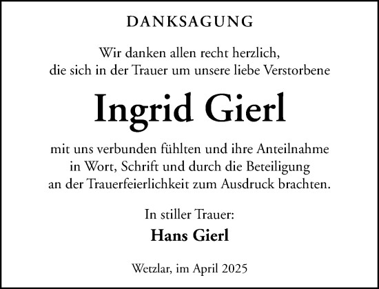 Traueranzeige von Ingrid Gierl von Wetzlarer Neue Zeitung