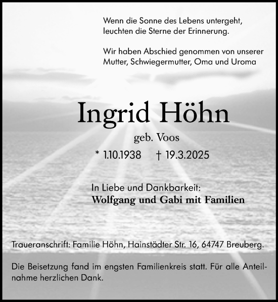 Traueranzeige von Ingrid Höhn von Darmstädter Echo