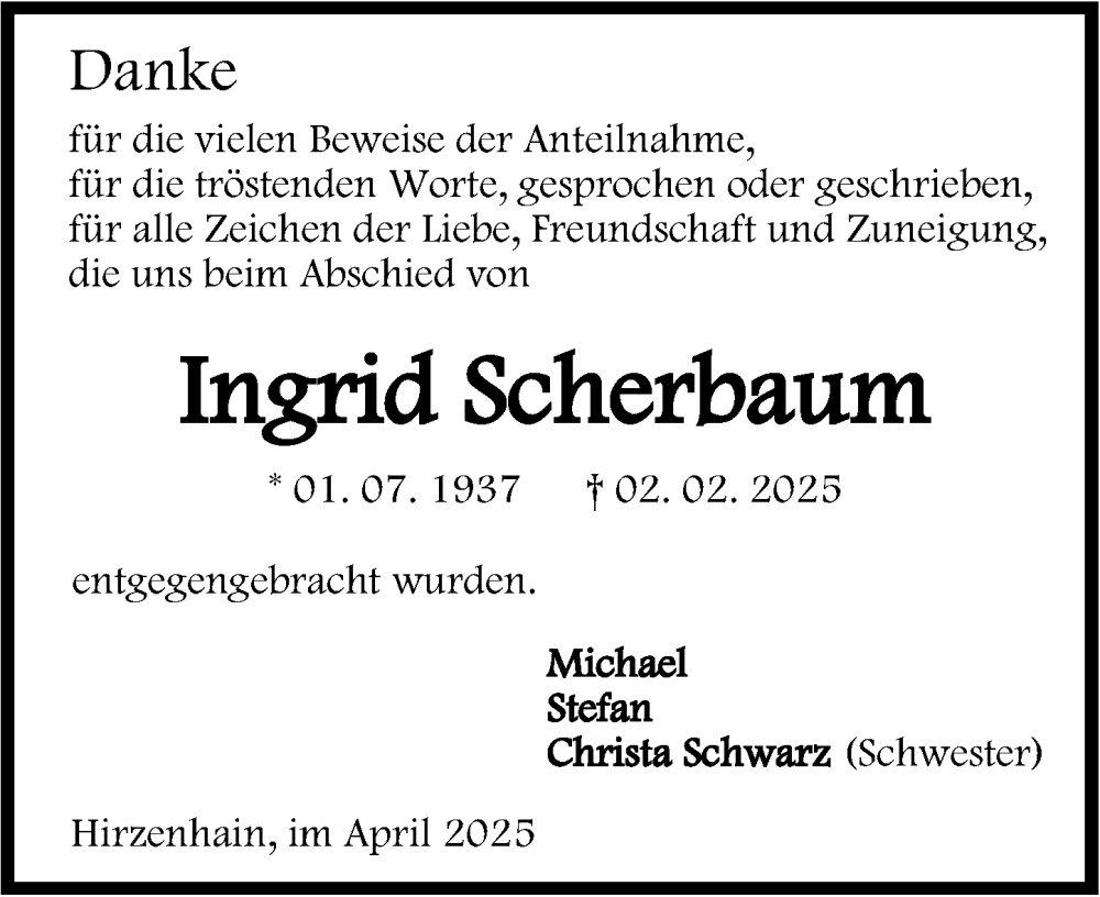  Traueranzeige für Ingrid Scherbaum vom 19.04.2025 aus Dill Block