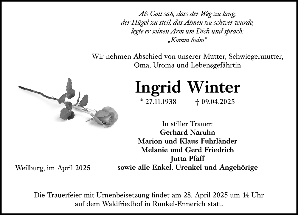  Traueranzeige für Ingrid Winter vom 19.04.2025 aus Weilburger Tageblatt