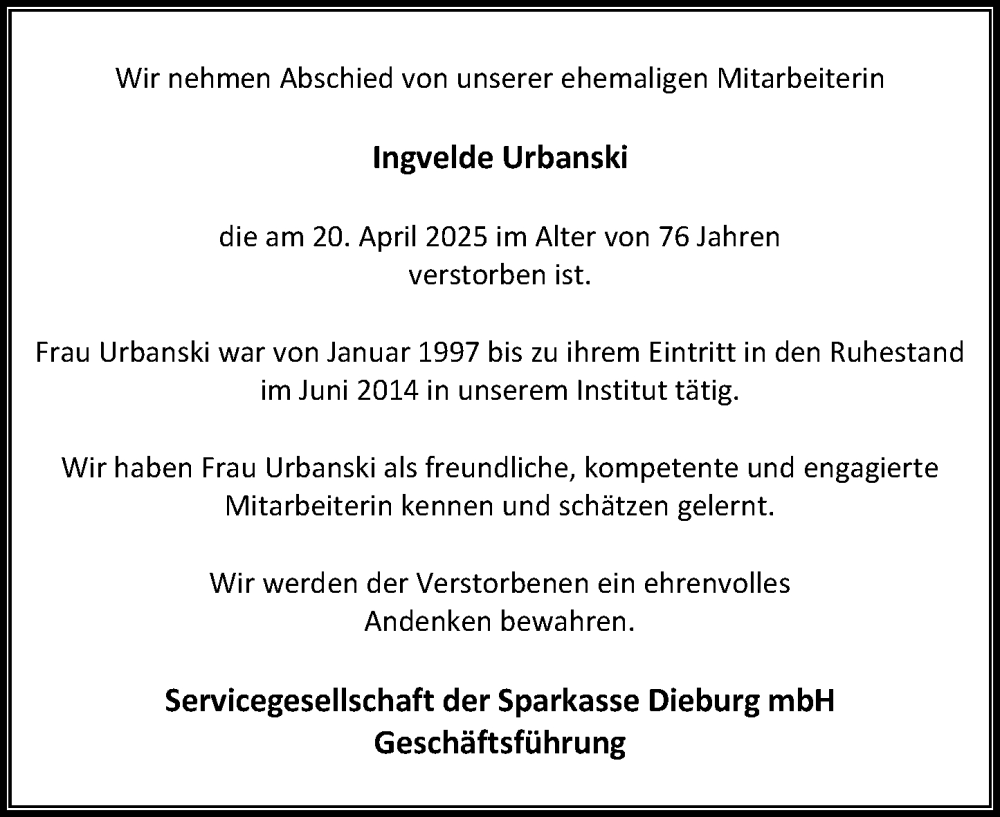  Traueranzeige für Ingvelde Urbanski vom 26.04.2025 aus Darmstädter Echo