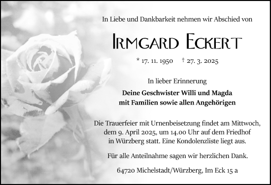 Traueranzeige von Irmgard Eckert von Odenwälder Echo