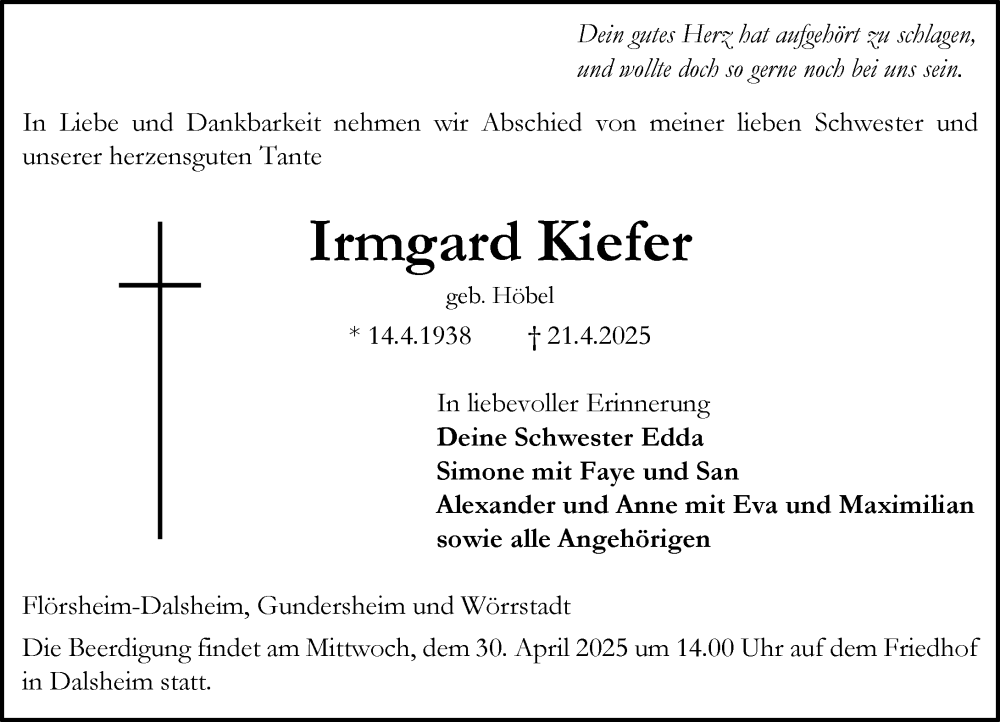  Traueranzeige für Irmgard Kiefer vom 26.04.2025 aus Wormser Zeitung