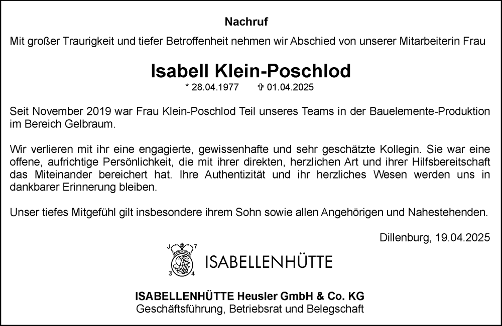  Traueranzeige für Isabell Klein-Poschlod vom 19.04.2025 aus Dill Block