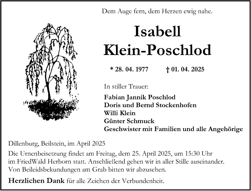  Traueranzeige für Isabell Klein-Poschlod vom 19.04.2025 aus Dill Block