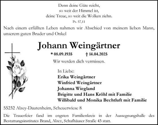 Traueranzeige von Johann Weingärtner von Allgemeine Zeitung Alzey