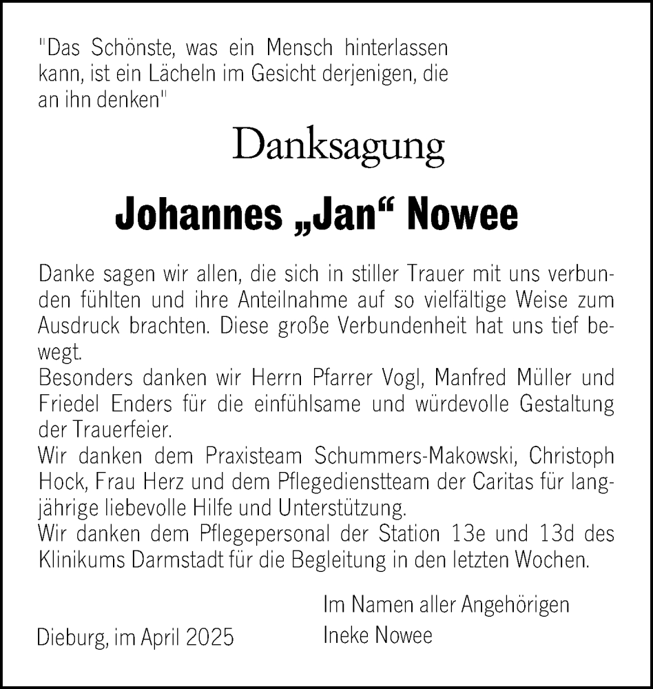 Traueranzeige für Johannes Nowee vom 05.04.2025 aus Dieburger Anzeiger/Groß-Zimmerner Lokal-Anzeiger