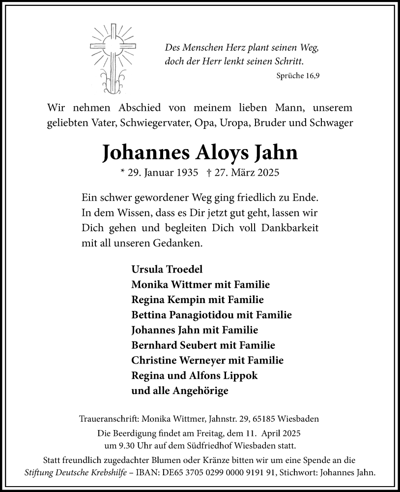  Traueranzeige für Johannes Aloys Jahn vom 05.04.2025 aus Wiesbadener Kurier