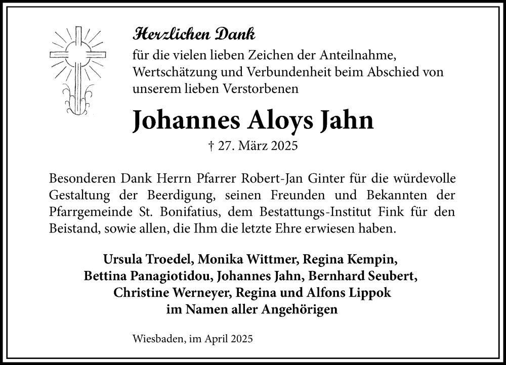  Traueranzeige für Johannes Aloys Jahn vom 26.04.2025 aus Wiesbadener Kurier