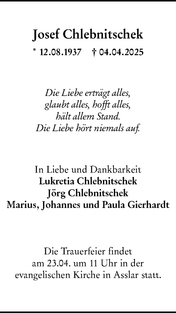  Traueranzeige für Josef Chlebnitschek vom 19.04.2025 aus Wetzlarer Neue Zeitung