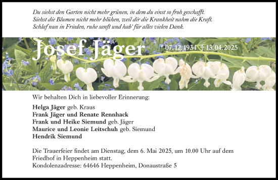 Traueranzeige von Josef Jäger von Starkenburger Echo