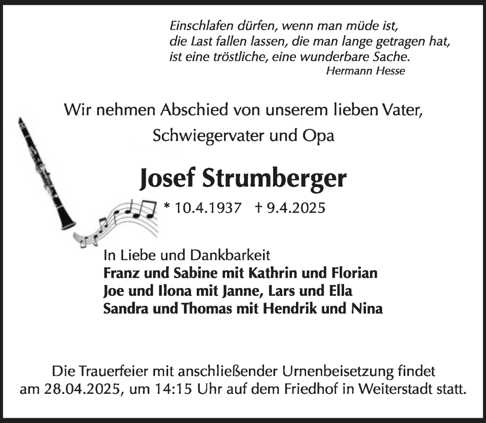  Traueranzeige für Josef Strumberger vom 19.04.2025 aus Darmstädter Echo