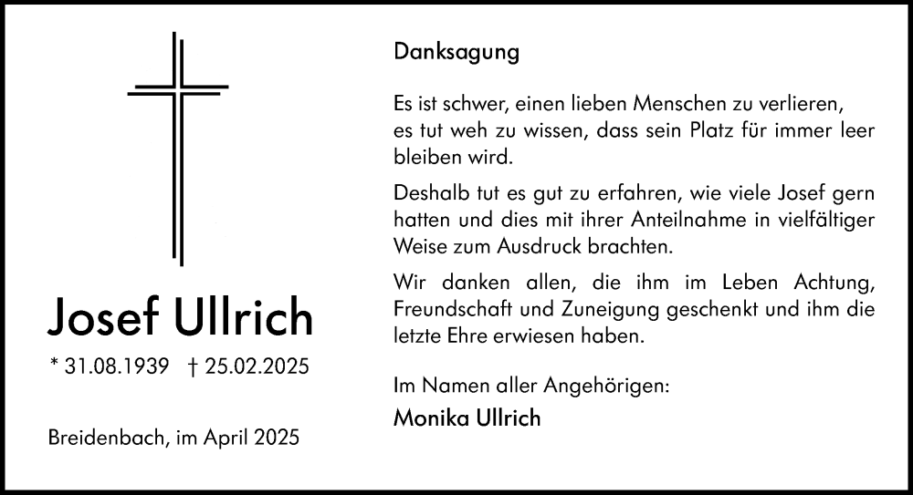  Traueranzeige für Josef Ullrich vom 19.04.2025 aus Hinterländer Anzeiger