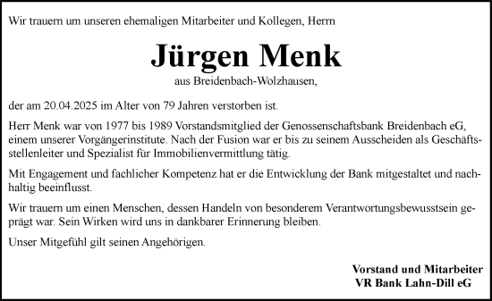 Traueranzeige von Jürgen Menk von Hinterländer Anzeiger