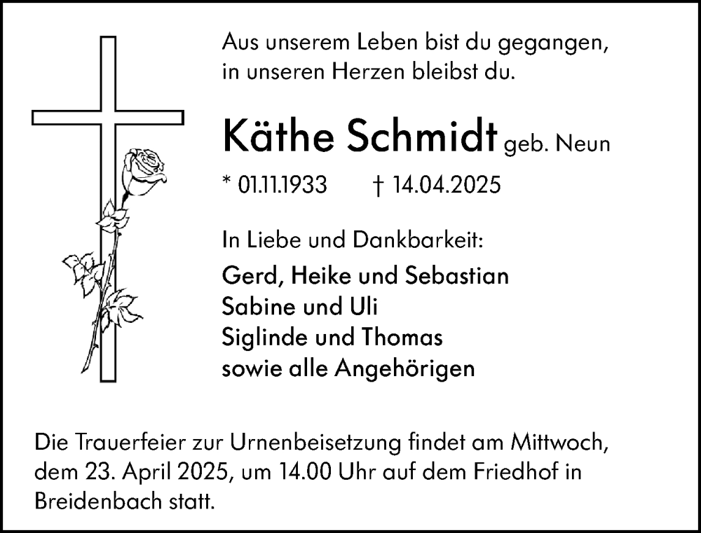  Traueranzeige für Käthe Schmidt vom 19.04.2025 aus Hinterländer Anzeiger