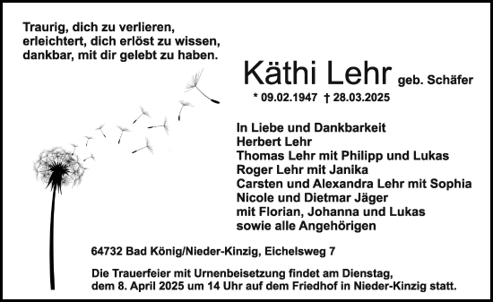 Traueranzeige von Käthi Lehr von Odenwälder Echo
