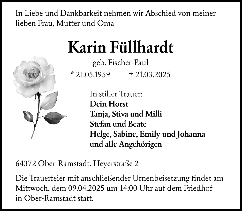  Traueranzeige für Karin Füllhardt vom 05.04.2025 aus Darmstädter Echo