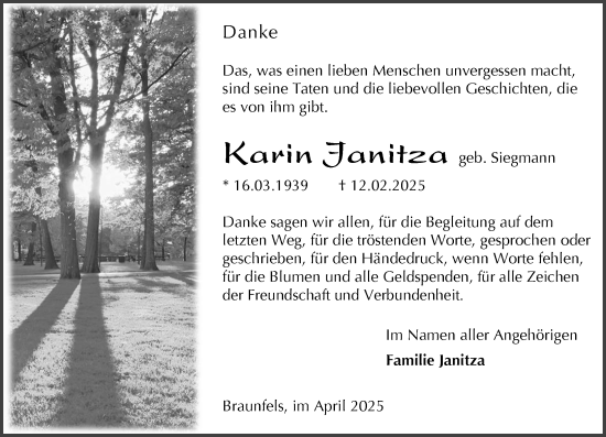 Traueranzeige von Karin Janitza von Wetzlarer Neue Zeitung