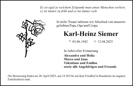 Traueranzeige von Karl-Heinz Siemer von Rüsselsheimer Echo