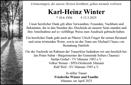 Traueranzeige von Karl-Heinz Winter von Weilburger Tageblatt