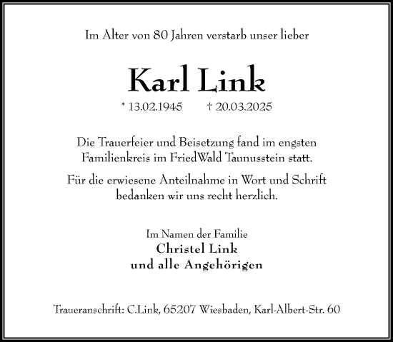Traueranzeige von Karl Link von Wiesbadener Kurier