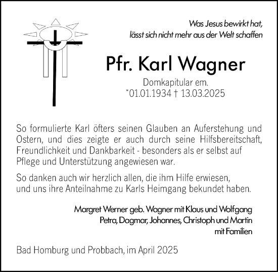 Traueranzeige von Karl Wagner von Weilburger Tageblatt