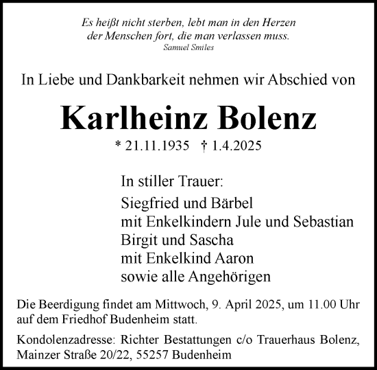 Traueranzeige von Karlheinz Bolenz von Allgemeine Zeitung Mainz