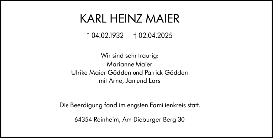 Traueranzeige von Karl Heinz Maier von Darmstädter Echo