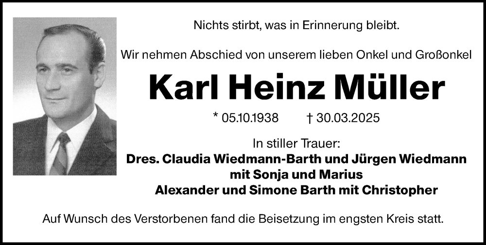  Traueranzeige für Karl Heinz Müller vom 26.04.2025 aus Wiesbadener Kurier