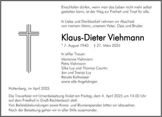 Traueranzeige von Klaus-Dieter Viehmann von Wetzlarer Neue Zeitung