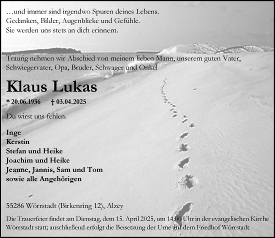 Traueranzeige von Klaus Lukas von Allgemeine Zeitung Alzey