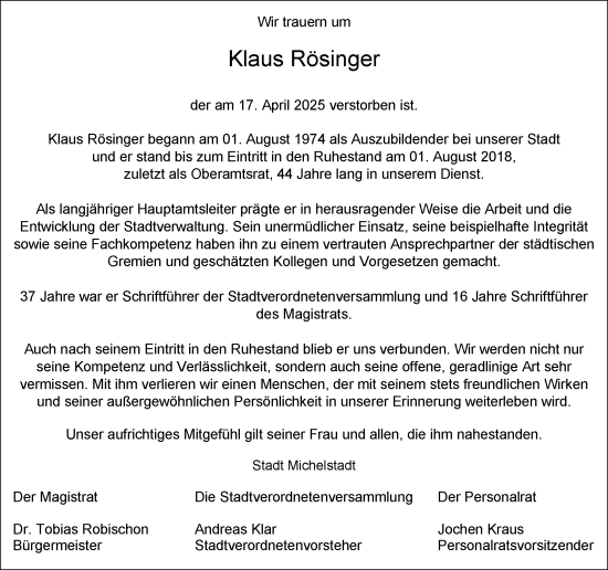 Traueranzeige von Klaus Rösinger von Odenwälder Echo