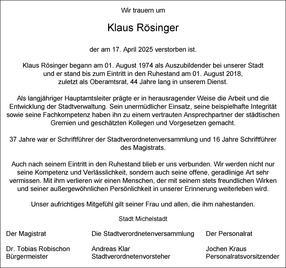  Traueranzeige für Klaus Rösinger vom 26.04.2025 aus Odenwälder Echo