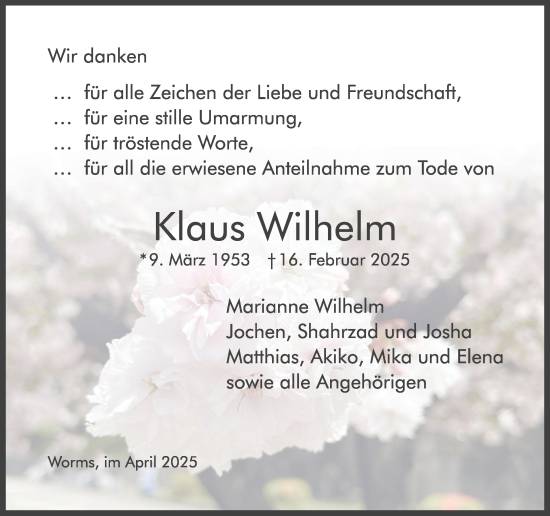 Traueranzeige von Klaus Wilhelm von Wormser Zeitung