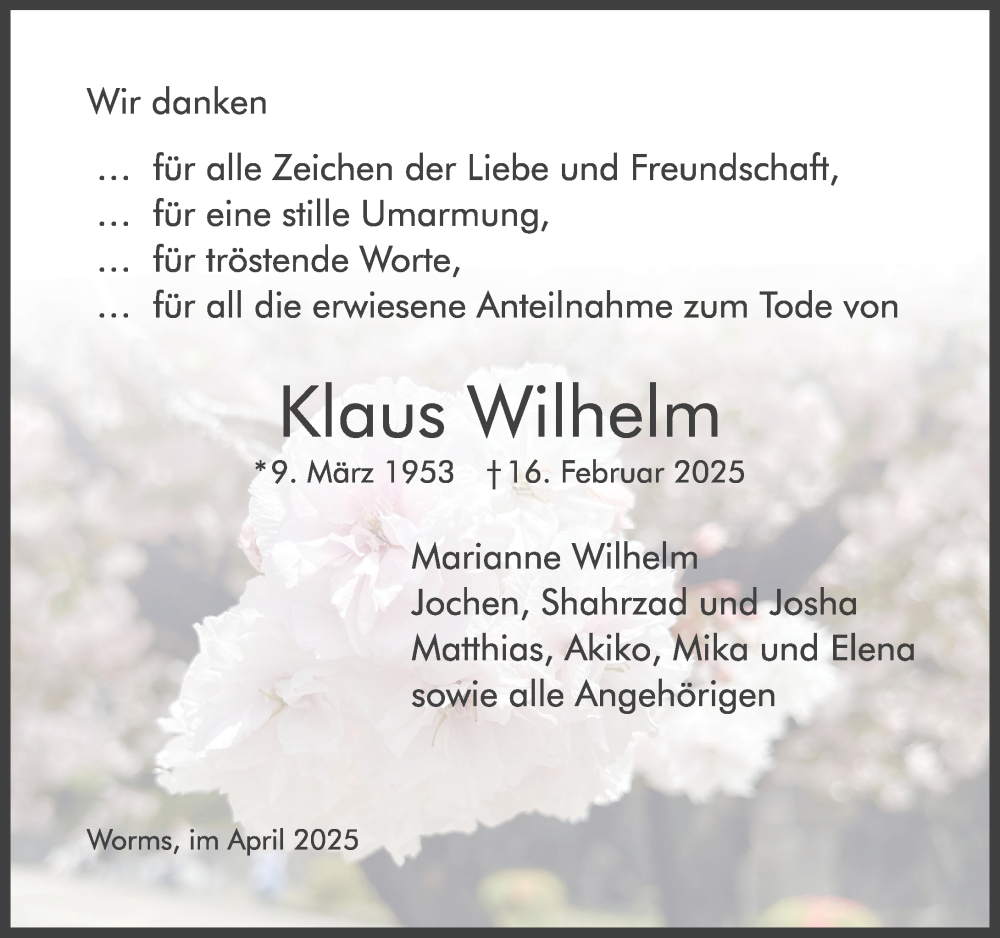  Traueranzeige für Klaus Wilhelm vom 05.04.2025 aus Wormser Zeitung