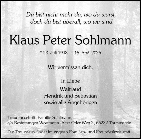 Traueranzeige von Klaus Peter Sohlmann von Wiesbadener Kurier