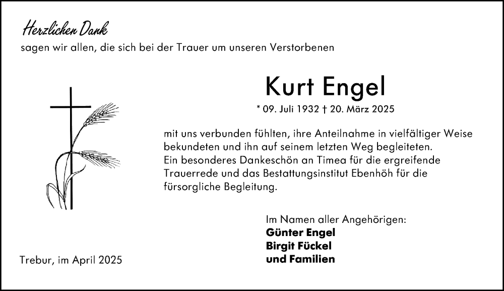  Traueranzeige für Kurt Engel vom 26.04.2025 aus Groß-Gerauer Echo