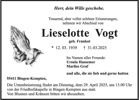 Traueranzeige von Lieselotte Vogt von Allgemeine Zeitung Rheinhessen-Nahe