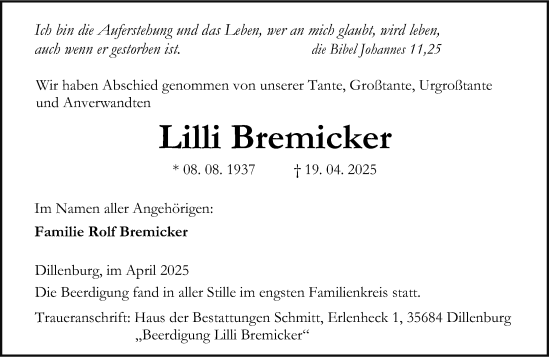 Traueranzeige von Lilli Bremicker von Dill Block
